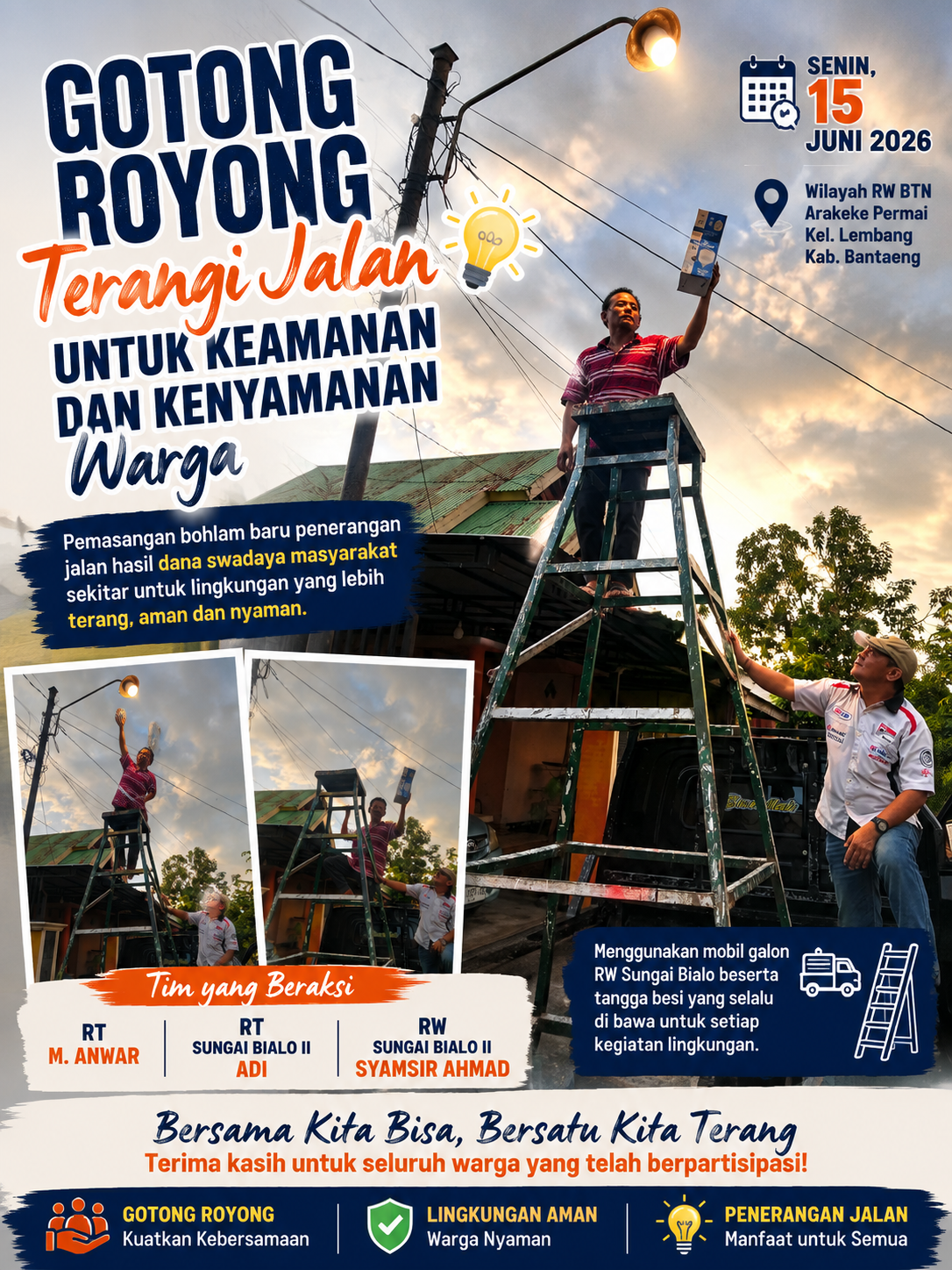 Semangat Gotong Royong Menjelang Magrib: RT dan RW Sungai Bialo II Pasang Lampu Jalan Demi Kenyamanan Warga BTN Arakeke Permai